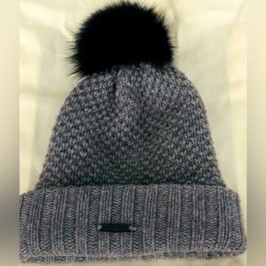 Burberry Wool and Cashmere Beanie with Blue Fox Fur Pom Pom